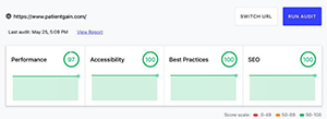 Example below, you will see that PatientGain.com website, developed on WordPress, hosted on very fast Google cloud, memory bound servers, loads as follows : 1) Performance score 97%   2) Accessibility score 100%  3) Best practices score 100% 4)  SEO score 100%.  This is according to Google. 