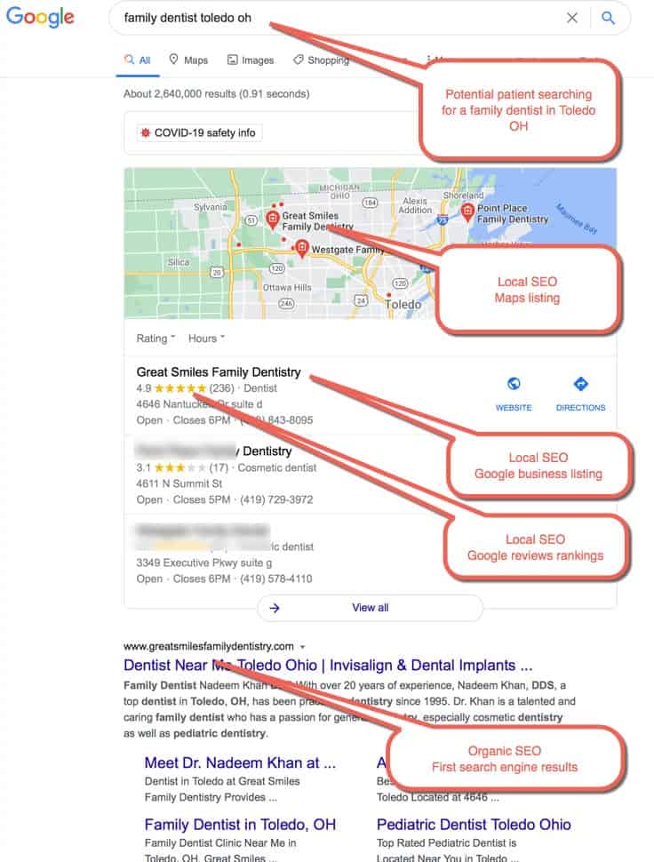 Dental SEO Example 1: Patient searching for a a family dentist. Patient located in Toledo Ohio