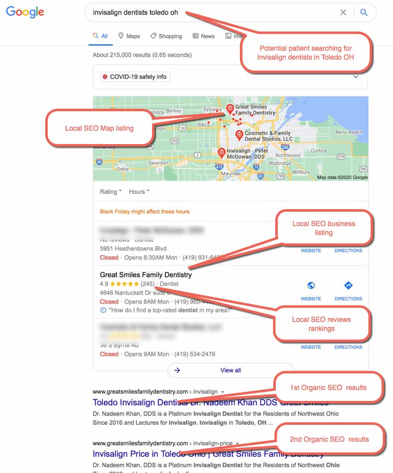 Example no 2 for SEO for a dentist located in Toledo Ohio, patient is searching for an invisalign dentist.