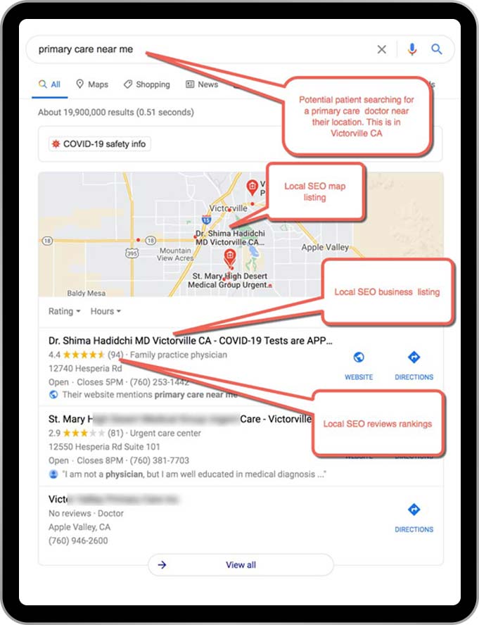 Local Medical SEO Example 3 :  Mobile Patient Searching for “primary care near me”, patient is located in Victorville CA