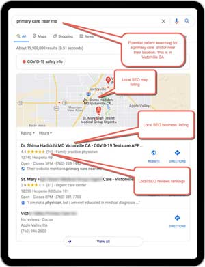 Local Medical SEO Example 3 :  Mobile Patient Searching for “primary care near me”, patient is located in Victorville CA