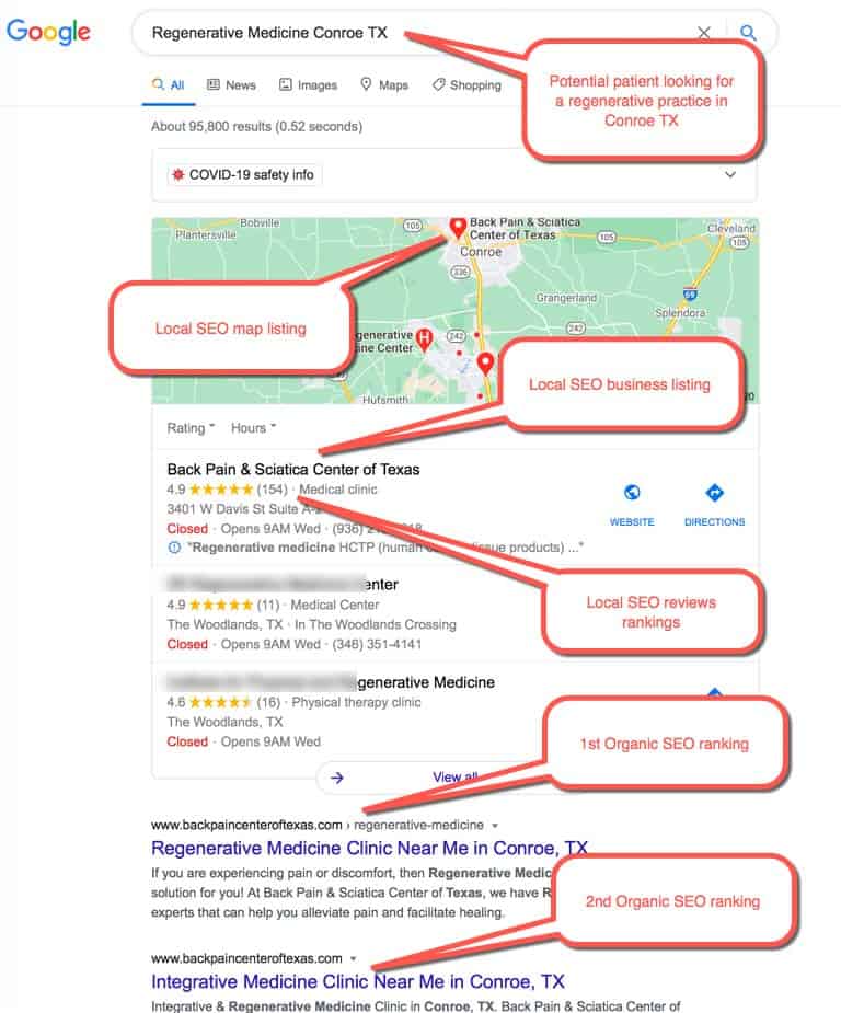 Example of a Medical SEO results: Patient searching for "Regenerative medicine near me" Example of a Medical SEO results: Patient searching for "Regenerative medicine near me"