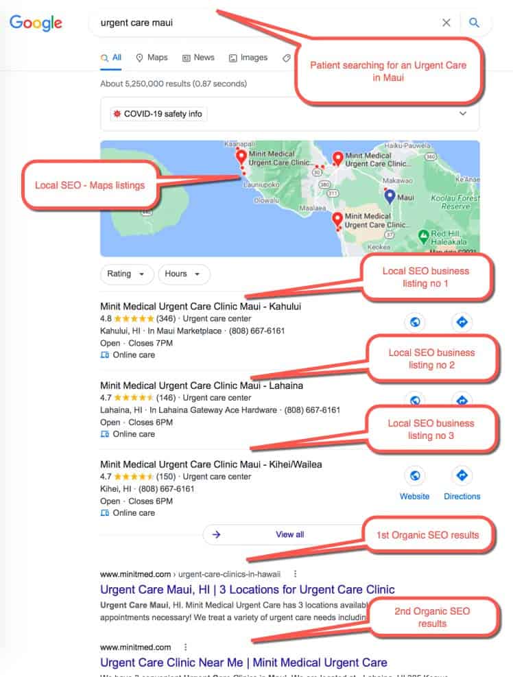 Medical SEO Example 1 : Patient Searching for “ urgent care maui ” user is located in Maui, Hawaii Medical SEO Example 1 : Patient Searching for “ urgent care maui ” user is located in Maui, Hawaii