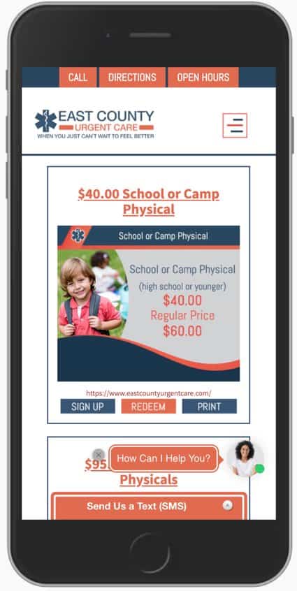 Example of Promotions app for Urgent Care Clinics