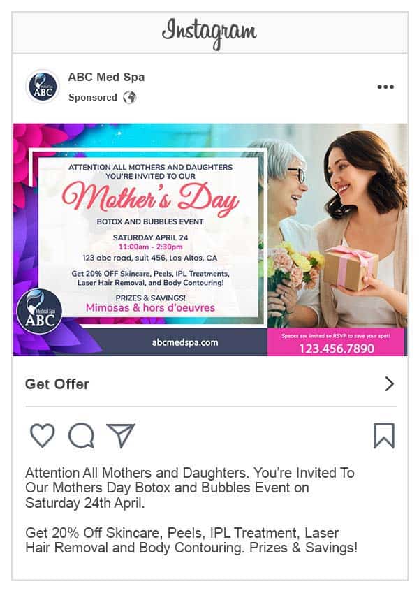 Example of an ad on Instagram for a med spa promoting “Mother's day special”