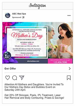 Example of an ad on Instagram for a med spa promoting “Mother's day special”