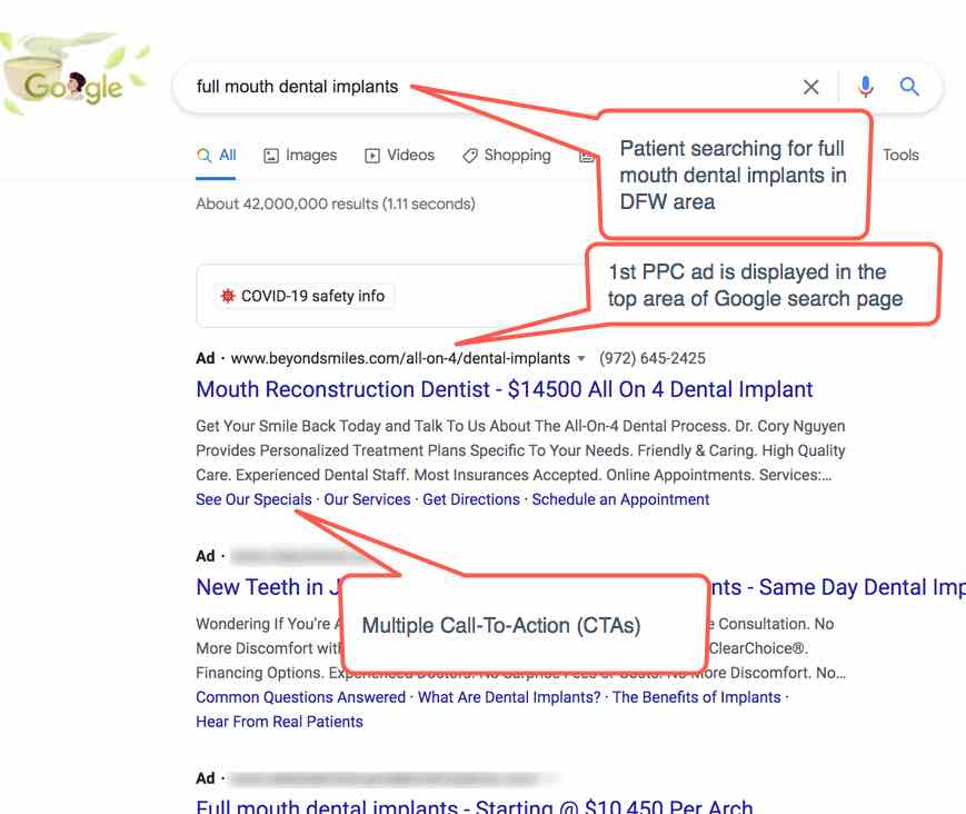 Example of a Google PPC ad for a dental practice Example of a Google PPC ad for a dental practice