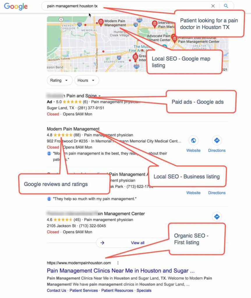 Example of SEO for a pain management practice located in Houston TX