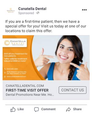 Example 5 for dental advertising – Facebook advertising: A potential patient is presented with a display ad based on interests, demographics and geo data from the Facebook advertising engine