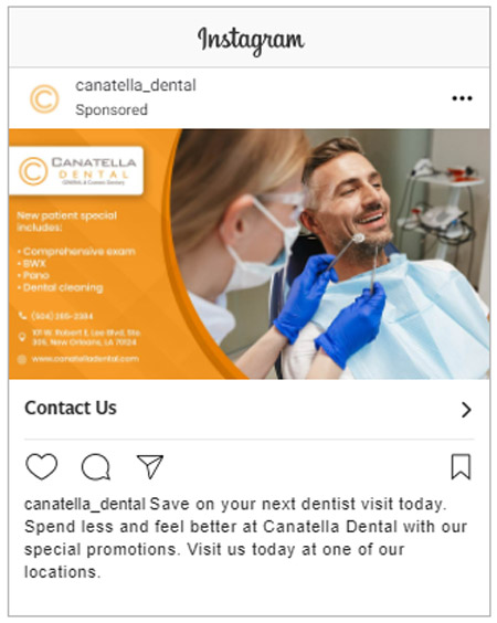 Example 4 for dental advertising – Instagram advertising: A potential patient is presented with a display ad based on interests, demographics and geo data from Instagram advertising engine: