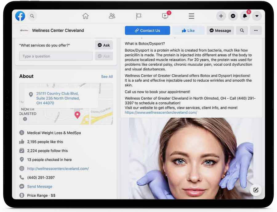 Example of an Facebook Post for a Medical Spa with focus on Botox and Drysport call to action promotion. Example of an Facebook Post for a Medical Spa with focus on Botox and Drysport call to action promotion.