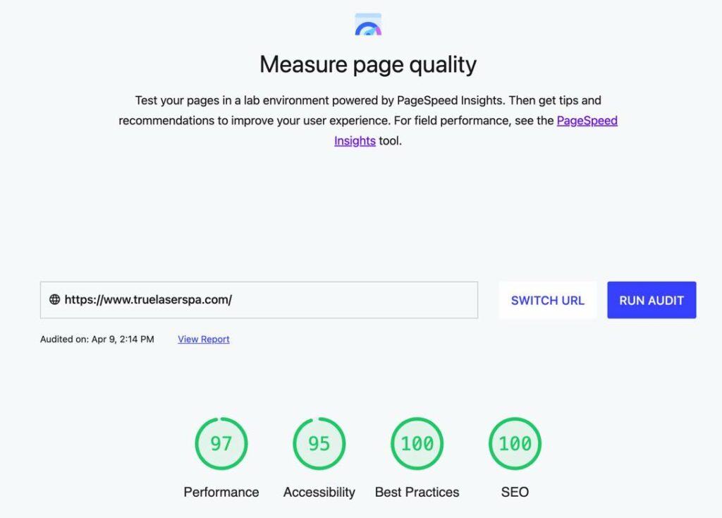 Example of good speed score from https://web.dev/measure/ Example of good speed score from https://web.dev/measure/