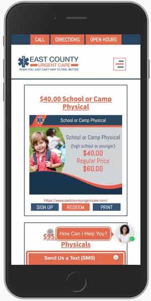 Example of Promotions app for Urgent Care Clinics