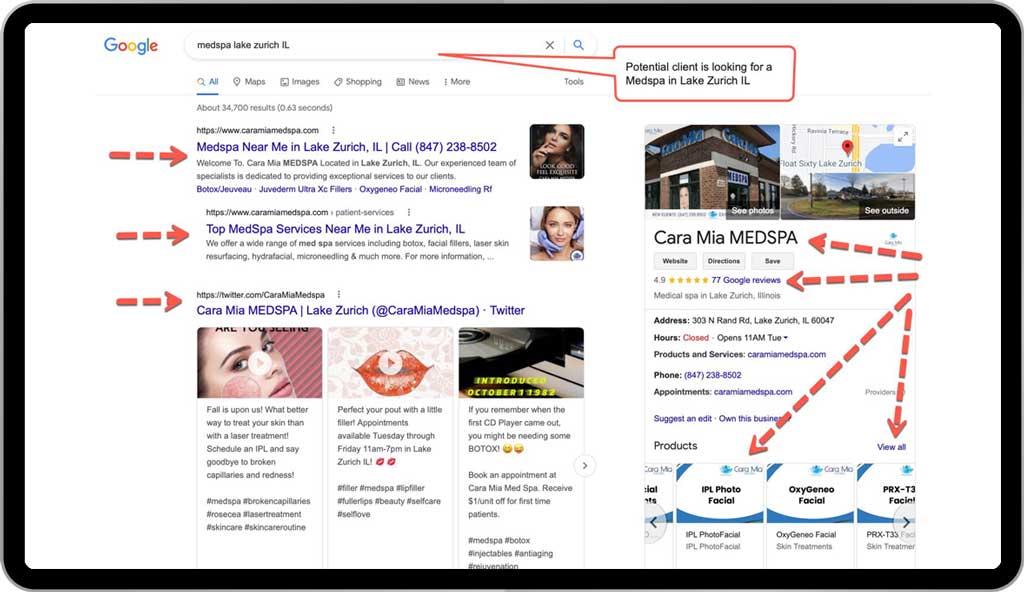 Google SEO for MedSpa (learn how your medical spa can benefit from SEO) This strategy costs time and effort and is difficult, but has best ROI, and for your long term success, it produces excellent results. Although SEO rankings for med spas and aesthetic take time, but it produces best long term results and is worth it.  In the example below a potential client is searching for "medspa lake zurich IL" 