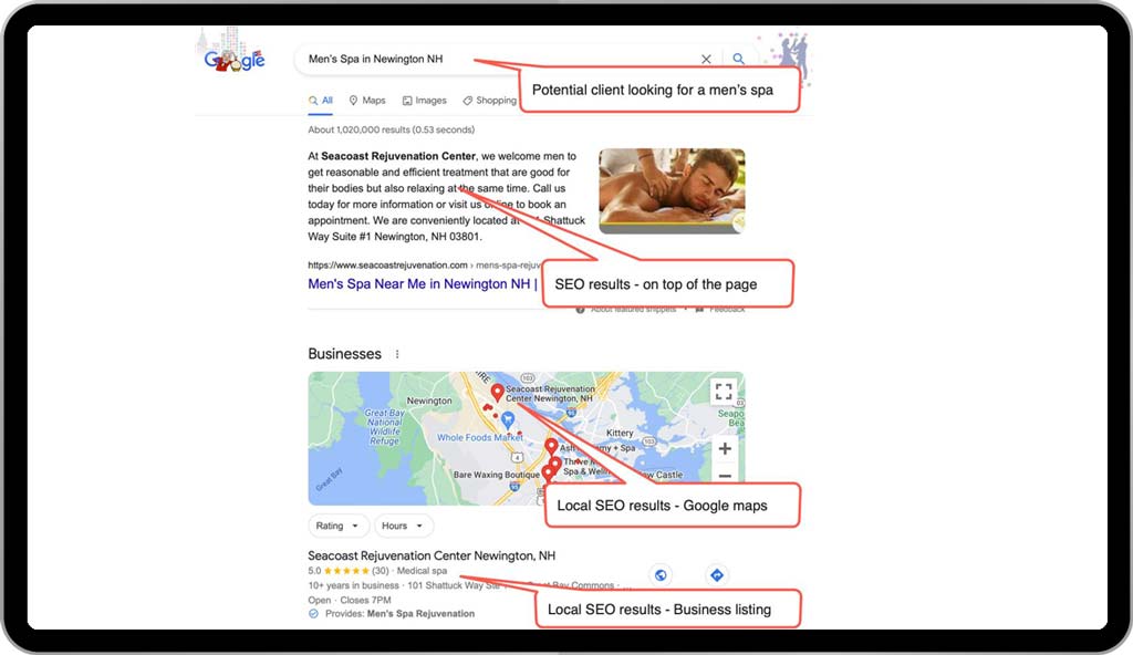 SEO Example of a client looking for a  Men's medspa in Newington NH