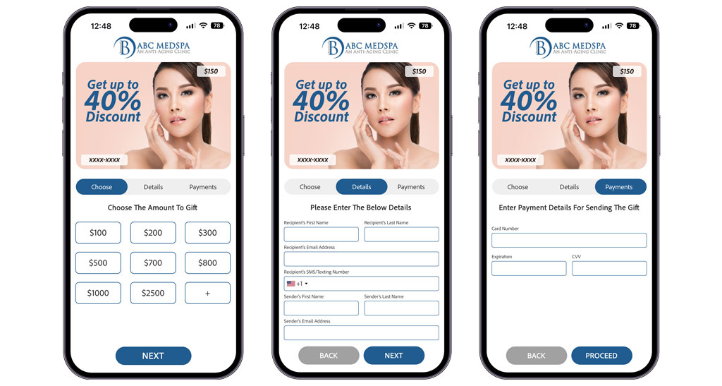 Gift Card App For MedSpas and Aesthetics Practice using HIPAA compliance payment system.
