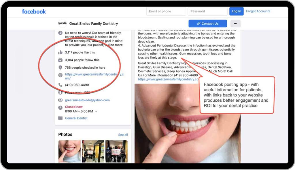 Example 6 for dental advertising – Facebook posting app:  Facebook posting app provides an effective way for your dental patients to engage with your practice and receive offers and up to date information about oral health. 