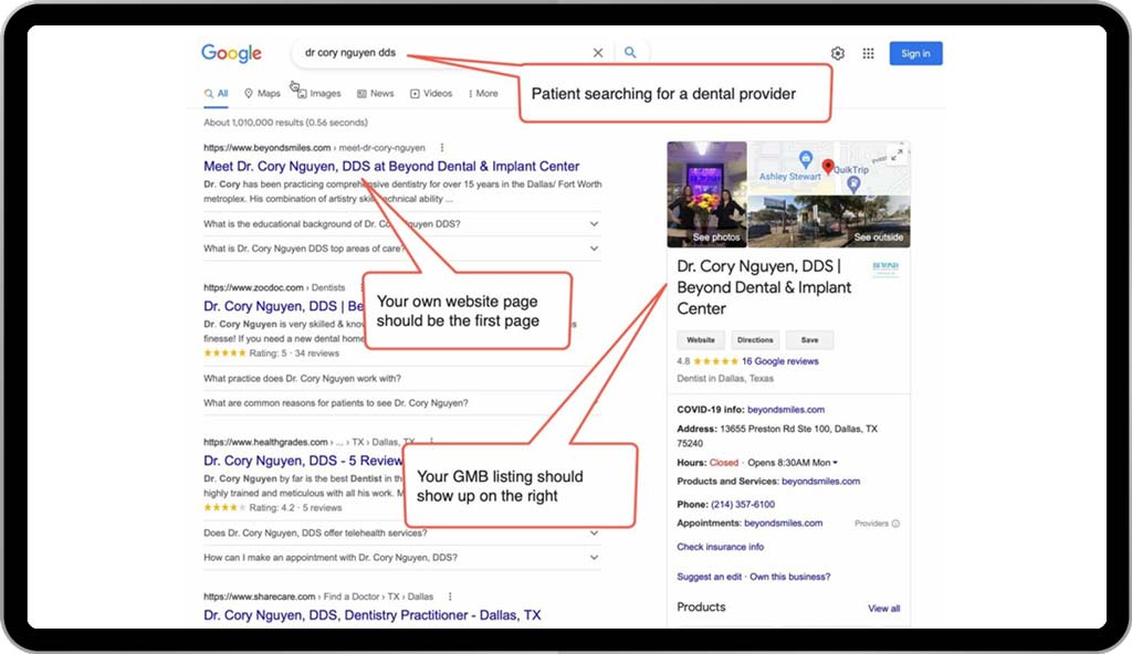 Example 3: Dental SEO for a dental provider. Patient looking fpr a specific dental provider Example 3: Dental SEO for a dental provider. Patient looking fpr a specific dental provider