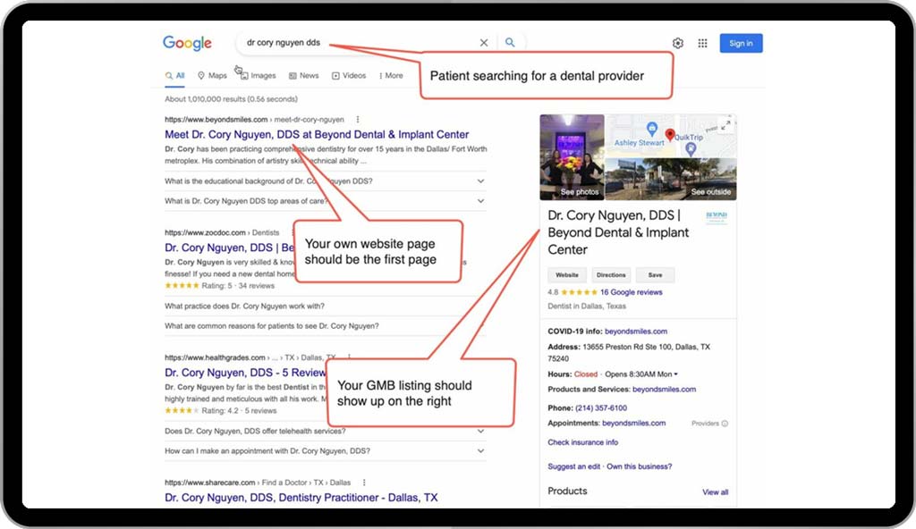Example 3: Dental SEO for a dental provider. Patient looking fpr a specific dental provider