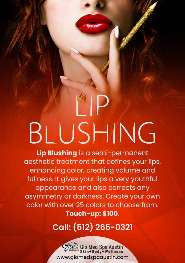 Lip blushing is a type of cosmetic tattooing that semipermanently enhances lip color by depositing colored ink into the lips with a mechanical needle. The resulting lip tattoo is subtle, not saturated, thanks to recent advances in semipermanent makeup.