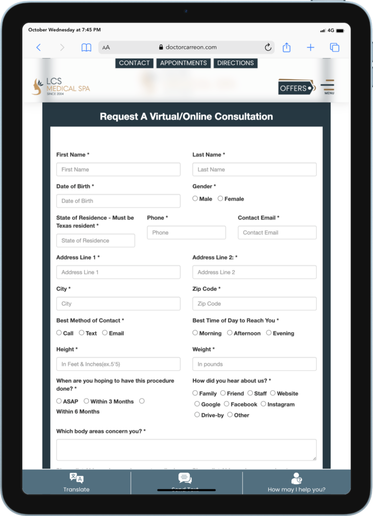 Example of Med Spa virtual  online consultation form (HIPAA Compliant)