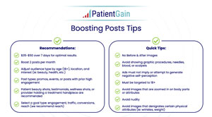 Boosting is a form of paid advertising on social media sites. The budget for boosted posts depends on how many "clicks" you want to get for each sale or each lead. For example, if you want more clients for Emsculpt procedure, and boosted post sends the users to your website and there is a page for how Emsculpt works and there is an offer and lead capture sofware, you will have a much higher conversion rate, than compared to just "sign up" call to action. Boosting is a form of paid advertising on social media sites. The budget for boosted posts depends on how many "clicks" you want to get for each sale or each lead. For example, if you want more clients for Emsculpt procedure, and boosted post sends the users to your website and there is a page for how Emsculpt works and there is an offer and lead capture sofware, you will have a much higher conversion rate, than compared to just "sign up" call to action.