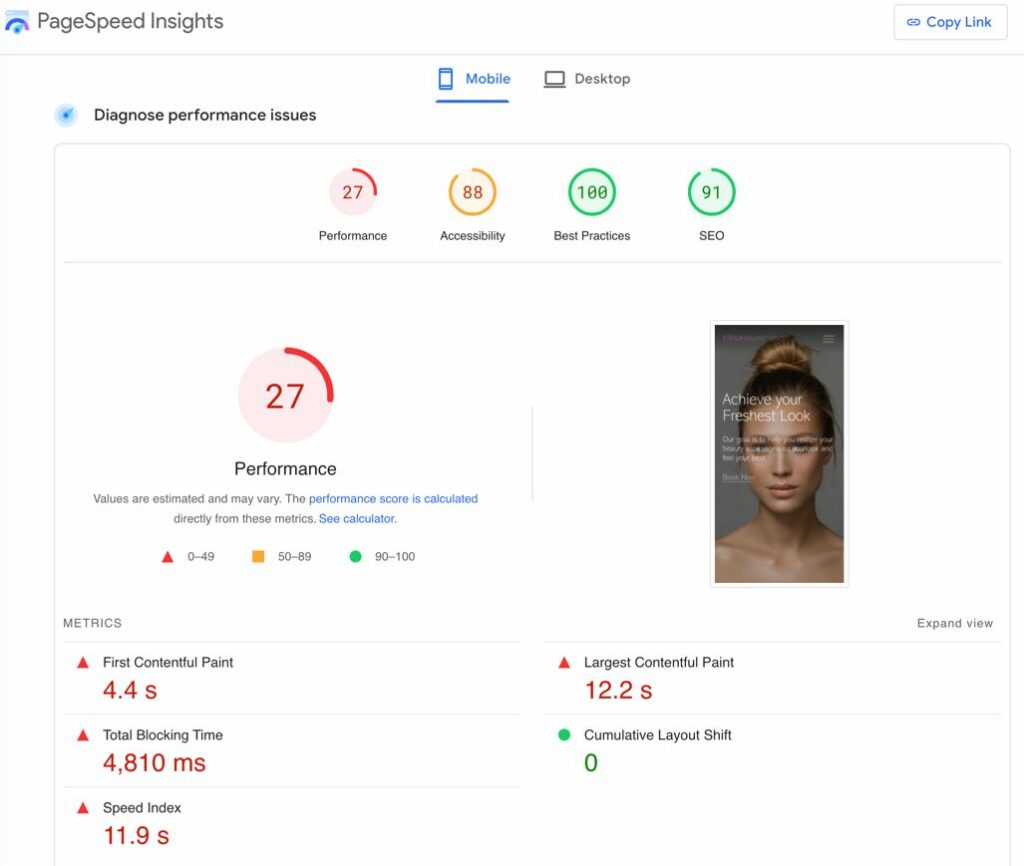 For example, this site loads in 11 to 12 seconds on a mobile device. Hence the conversion, user experience and SEO will not be good. So even if you are driving a lot of traffic from your Google ads, Facebook, Instagram, TikToc ads to this type of website, you will still have sub-optimal results. For example, this site loads in 11 to 12 seconds on a mobile device. Hence the conversion, user experience and SEO will not be good. So even if you are driving a lot of traffic from your Google ads, Facebook, Instagram, TikToc ads to this type of website, you will still have sub-optimal results.