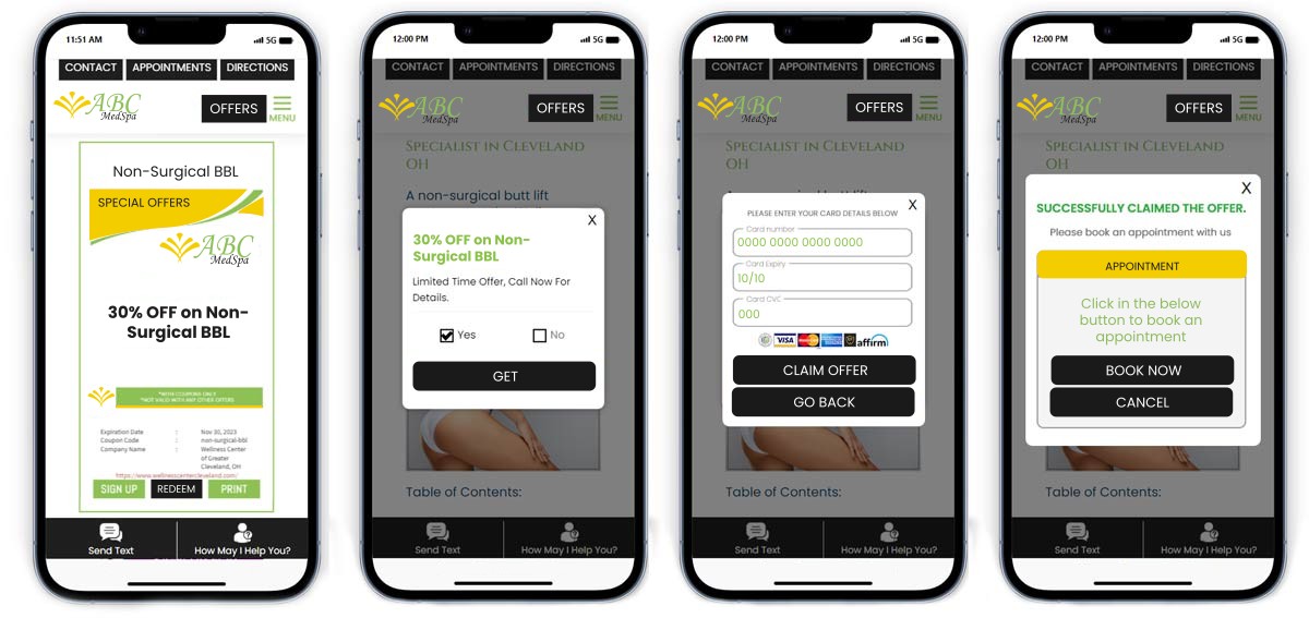 Majority of your patients and clients are checking your practice on a mobile device. You must have intelligent conversion apps for  high conversion. Example of high conversion offers-app for an aesthetics practice.