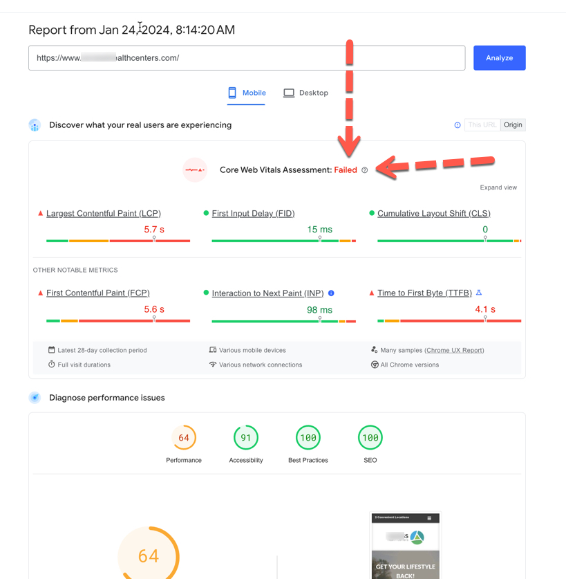 Example of very nice looking website - however it does not pass Google Core Web Vitals Assessment. So this type of website is a liability for this medical/dental practice.