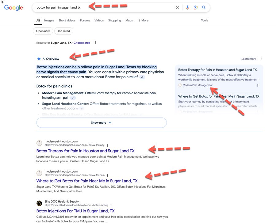 Example 2:  SEO of a practice in Texas.  A patient is looking for a pain clinic with botox as a pain remedy.  You can see that Google AI SEO is recommending that user consider certain provider. This is an example of a very good SEO for a pain management clinic. 
