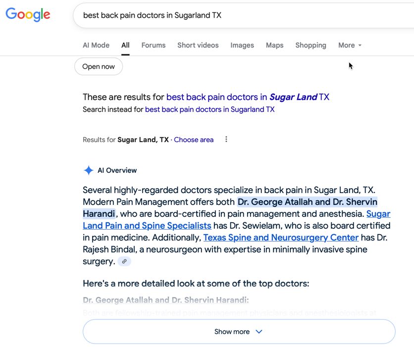 Every day, practice managers of dental and medical practices contact PatientGain and ask us: How doctors can leverage ChatGPT for SEO? The practice managers are really asking us that if a potential patient is using apps like ChatGpt, Gemini or others, and if they search for "best back pain doctors in Sugarland TX" how can the app like ChatGpt, Gemini can mention their practice's name? Every day, practice managers of dental and medical practices contact PatientGain and ask us: How doctors can leverage ChatGPT for SEO?
The practice managers are really asking us that if a potential patient is using apps like ChatGpt, Gemini or others, and if they search for "best back pain doctors in Sugarland TX" how can the app like ChatGpt, Gemini can mention their practice's name?