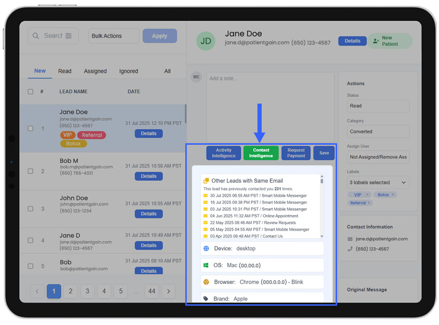 The moment she hits "submit," your CRM automatically creates a new profile for her. It captures her name, email, phone number, and the specific service she's interested in (Morpheus8). The lead source is tagged as "Organic Search - Website " - OR wherever the leads came from. The moment she hits "submit," your CRM automatically creates a new profile for her. It captures her name, email, phone number, and the specific service she's interested in (Morpheus8). The lead source is tagged as "Organic Search - Website " - OR wherever the leads came from.