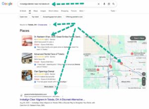 Example: A dental clinic in Toledo OH wants to attract patients searching for “Invisalign dentist near me.” See data below. Local SEO -Google My Business - No 1 , Maps No 1, SEO - No 1.  