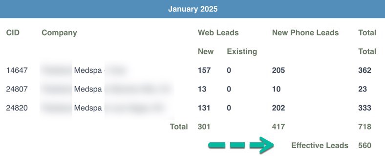 Marketing dashboard shows that in the month of January, there were 718 total new leads recorded. After subtracting sales and spam calls, there are 560 effective leads