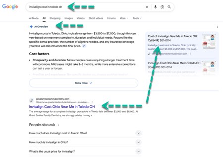Example of good dental SEO based on E-E-A-T principle. You can see that Google's Gemini AI is recommending this practice that offers Invisalign in Toledo OH .