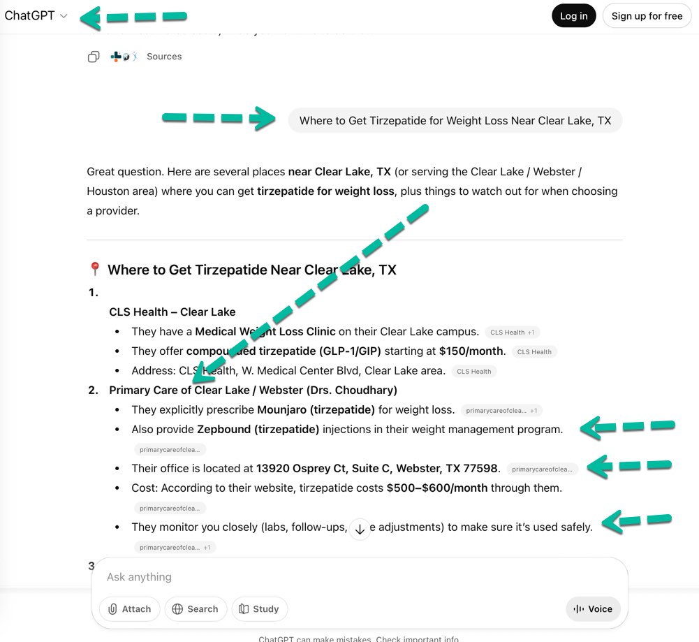 ChatGPT example: In the example below, a patient is looking for "Where to Get Tirzepatide for Weight Loss Near Clear Lake, TX". ChatGPT example: In the example below, a patient is looking for "Where to Get Tirzepatide for Weight Loss Near Clear Lake, TX".