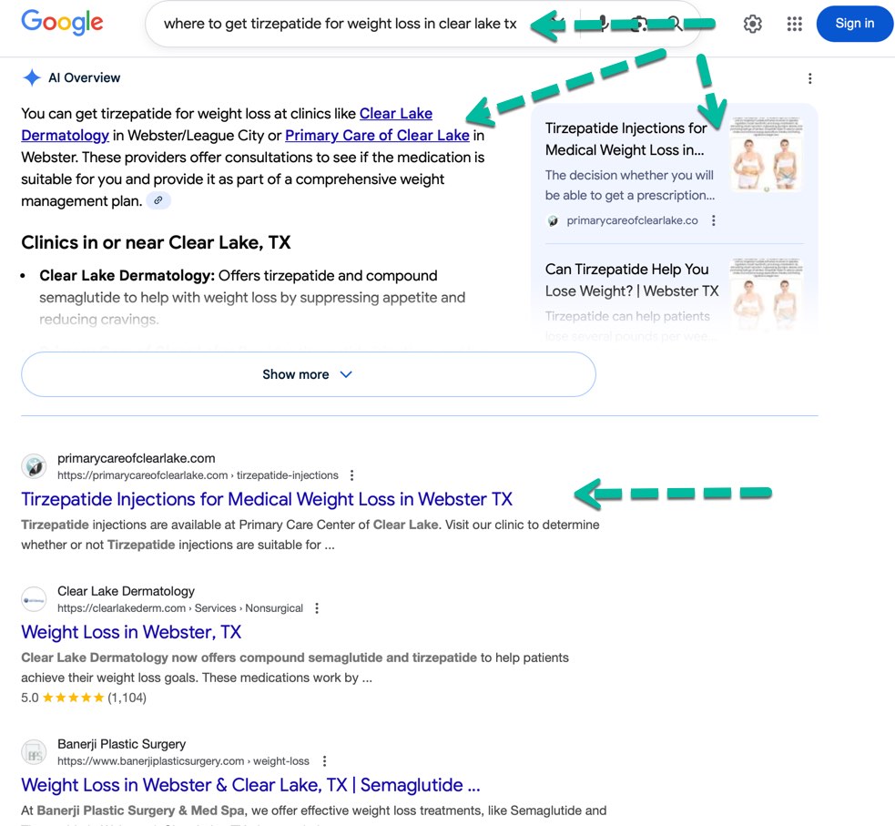 How Google AI (Artificial Intelligence Optimization) and ChatGPT Works for Medical SEO? Google SEO is now leveraging AI-driven features and techniques to enhance the visibility and relevance of healthcare websites in Google’s search results, ultimately improving online patient acquisition and engagement. It is very similar to ChatGPT results. In the example below, a patient is looking for "Where to Get Tirzepatide for Weight Loss Near Clear Lake, TX". How Google AI (Artificial Intelligence Optimization) and ChatGPT Works for Medical SEO?
Google SEO is now leveraging AI-driven features and techniques to enhance the visibility and relevance of healthcare websites in Google’s search results, ultimately improving online patient acquisition and engagement. It is very similar to ChatGPT results. In the example below, a patient is looking for "Where to Get Tirzepatide for Weight Loss Near Clear Lake, TX".