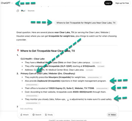 ChatGPT example: In the example below, a patient is looking for "Where to Get Tirzepatide for Weight Loss Near Clear Lake, TX". ChatGPT example: In the example below, a patient is looking for "Where to Get Tirzepatide for Weight Loss Near Clear Lake, TX".