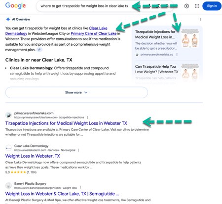 Google SEO is now leveraging AI-driven features and techniques to enhance the visibility and relevance of healthcare websites in Google’s search results, ultimately improving online patient acquisition and engagement. It is very similar to ChatGPT results. In the example below, a patient is looking for "Where to Get Tirzepatide for Weight Loss Near Clear Lake, TX". Google SEO is now leveraging AI-driven features and techniques to enhance the visibility and relevance of healthcare websites in Google’s search results, ultimately improving online patient acquisition and engagement. It is very similar to ChatGPT results. In the example below, a patient is looking for "Where to Get Tirzepatide for Weight Loss Near Clear Lake, TX".