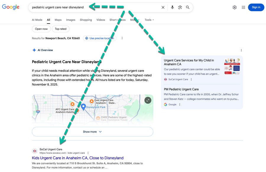 They either speak to a device like Siri on an iphone or an Alexa device from Amazon, or they may type in text into a computer or a mobile device and may say "pediatric urgent care near disneyland". As a result of this question, request or search, the search engine displays useful information. This is called search engine results page (SERP). Search Engine Results Pages (SERP) are the pages displayed by search engines in response to a query by a searcher. The main component of the SERP is the listing of results that are returned by the search engine in response to a keyword query, although the pages may also contain other results such as advertisements. In the example below the top area with map is a part of the Local SEO. The bottom part has "Organic" results. This part is free, meaning that Google does not charge to display your information (without paying for Google PPC ads). SEO Professionals do their best to show up in these SERPS for targeted keywords. However, this is not an exact science, and requires many steps and time to achieve good results, and they can change drastically from time to time, your location matters, your past history matters, and there are over 200 different signals read by the search engine algorithms. They either speak to a device like Siri on an iphone or an Alexa device from Amazon, or they may type in text into a computer or a mobile device and may say "pediatric urgent care near disneyland". As a result of this question, request or search, the search engine displays useful information. This is called search engine results page (SERP). Search Engine Results Pages (SERP) are the pages displayed by search engines in response to a query by a searcher. The main component of the SERP is the listing of results that are returned by the search engine in response to a keyword query, although the pages may also contain other results such as advertisements. In the example below the top area with map is a part of the Local SEO. The bottom part has "Organic" results. This part is free, meaning that Google does not charge to display your information (without paying for Google PPC ads). SEO Professionals do their best to show up in these SERPS for targeted keywords. However, this is not an exact science, and requires many steps and time to achieve good results, and they can change drastically from time to time, your location matters, your past history matters, and there are over 200 different signals read by the search engine algorithms.