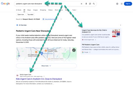 They either speak to a device like Siri on an iphone or an Alexa device from Amazon, or they may type in text into a computer or a mobile device and may say "pediatric urgent care near disneyland". As a result of this question, request or search, the search engine displays useful information. This is called search engine results page (SERP). Search Engine Results Pages (SERP) are the pages displayed by search engines in response to a query by a searcher. The main component of the SERP is the listing of results that are returned by the search engine in response to a keyword query, although the pages may also contain other results such as advertisements. In the example below the top area with map is a part of the Local SEO. The bottom part has "Organic" results. This part is free, meaning that Google does not charge to display your information (without paying for Google PPC ads). SEO Professionals do their best to show up in these SERPS for targeted keywords. However, this is not an exact science, and requires many steps and time to achieve good results, and they can change drastically from time to time, your location matters, your past history matters, and there are over 200 different signals read by the search engine algorithms. They either speak to a device like Siri on an iphone or an Alexa device from Amazon, or they may type in text into a computer or a mobile device and may say "pediatric urgent care near disneyland". As a result of this question, request or search, the search engine displays useful information. This is called search engine results page (SERP). Search Engine Results Pages (SERP) are the pages displayed by search engines in response to a query by a searcher. The main component of the SERP is the listing of results that are returned by the search engine in response to a keyword query, although the pages may also contain other results such as advertisements. In the example below the top area with map is a part of the Local SEO. The bottom part has "Organic" results. This part is free, meaning that Google does not charge to display your information (without paying for Google PPC ads). SEO Professionals do their best to show up in these SERPS for targeted keywords. However, this is not an exact science, and requires many steps and time to achieve good results, and they can change drastically from time to time, your location matters, your past history matters, and there are over 200 different signals read by the search engine algorithms.