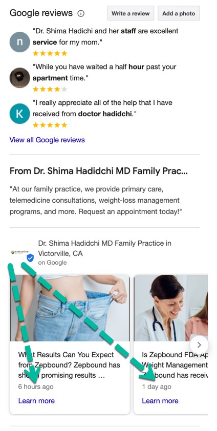 Example of Google Business Profile (GBP) posting app for a primary care practice - This practice is focusing on medical weight loss treatments - PatientGain's SocialAuto Pilot app for Google Business Profile (GBP) creates 20 posts per month for primary care practice - Once the app is directly connected to Google Business Profile (GBP), posts are direct appear on the Google Business Profile (GBP) of the primary care practice. Saving time for the front desk and we have seen excellent local SEO improvements by posting 20 times per month. However the posts should be focused on "sales" and "promotions" - they should be focused on educating patients. From the data below, most recent post was posted about 6 hours ago, and the previous one was 1 day ago. Example of Google Business Profile (GBP) posting app for a primary care practice - This practice is focusing on medical weight loss treatments - PatientGain's SocialAuto Pilot app for Google Business Profile (GBP) creates 20 posts per month for primary care practice - Once the app is directly connected to Google Business Profile (GBP), posts are direct appear on the Google Business Profile (GBP) of the primary care practice. Saving time for the front desk and we have seen excellent local SEO improvements by posting 20 times per month. However the posts should be focused on "sales" and "promotions" - they should be focused on educating patients. From the data below, most recent post was posted about 6 hours ago, and the previous one was 1 day ago.
