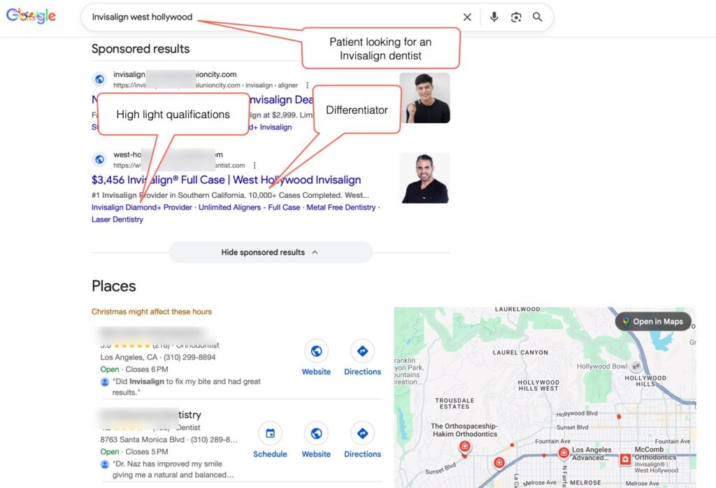 Example 2: Google PPC ad for a dental practice - A patient is looking for a dental practice in certain area and specifically for Invisalign. The 2nd ad has 1) differentiator 2) highlights qualifications and 3) there is an offer in the ad.  This ad is highly likely to convert.