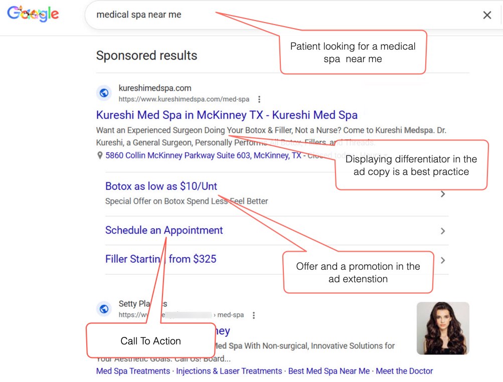 Example 3: Google PPC ad for a medical spa - A client is looking for a medical spa close to them. The first ad has 1) a differentiator 2) Offer  3) Call to Action - All of these strategies cause the potential client/patient to click, and start the conversion process. 