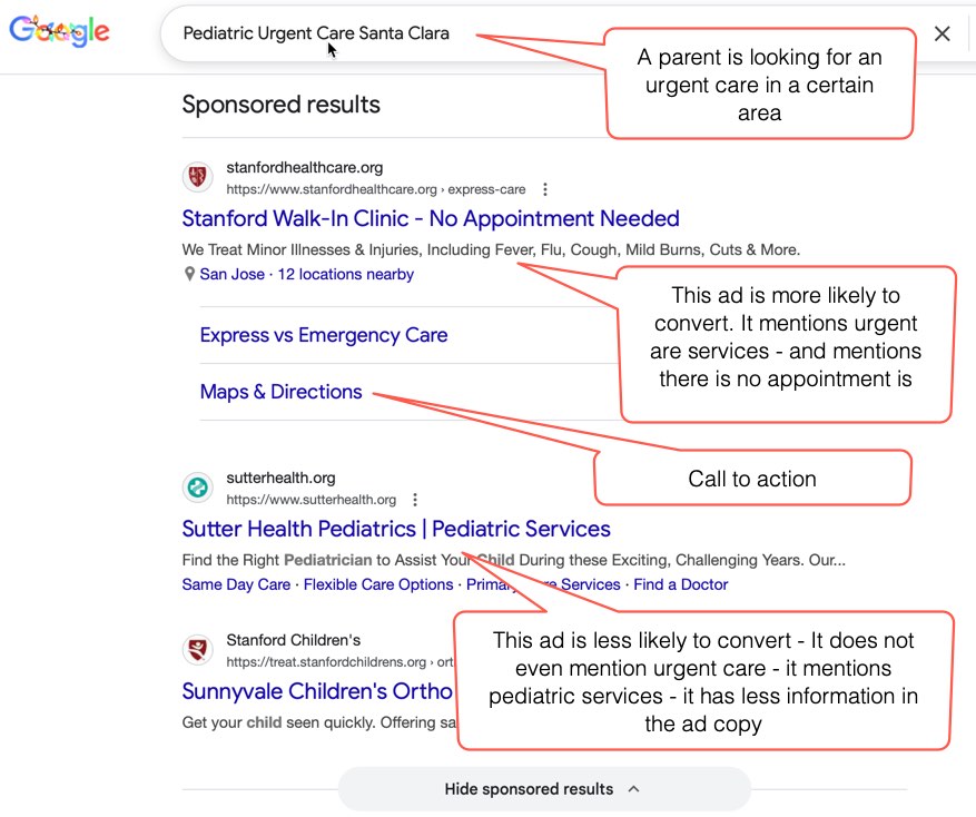 Example 1: Google PPC ad for a medical practice - Urgent care. A parent is looking for an urgent care for children, in a certain area. The ad in the top area is more likely to convert.