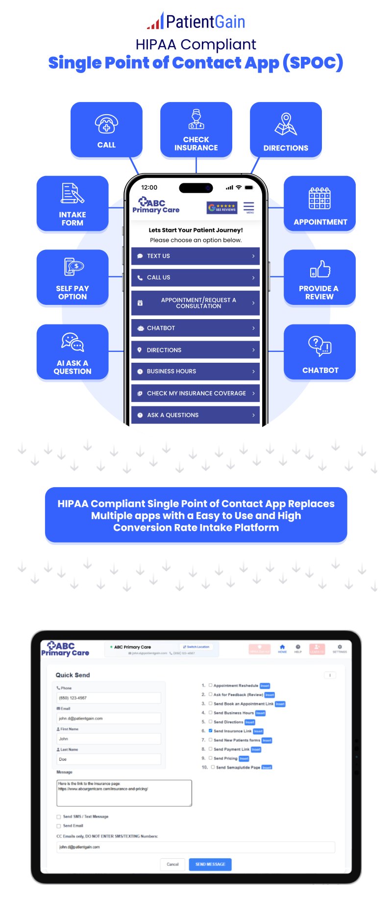 How to improve patient acquisition and conversions from your healthcare website? There are many different strategies you can use to improve the patient acquisition and conversions from your medical or dental website. Some involve coding, design changes, A/B testing or even a redesign of a website. However, if your healthcare website needs a simple, non disruptive, and effective strategy, without spending any upfront investment, consider simply adding the SPOC app (Single Point Of Contact) on your existing website. How to improve patient acquisition and conversions from your healthcare website?
There are many different strategies you can use to improve the patient acquisition and conversions from your medical or dental website. Some involve coding, design changes, A/B testing or even a redesign of a website. However, if your healthcare website needs a simple, non disruptive, and effective strategy, without spending any upfront investment, consider simply adding the SPOC app (Single Point Of Contact) on your existing website.