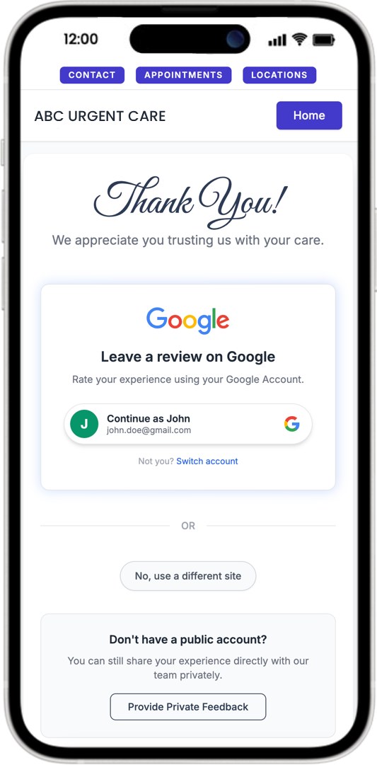 1. Sends patients review requests
2. Follows up with spaced-out reminders
3. Intercepts poor reviews
4. Ranks you high on Google, Facebook, Yelp, and all leading sites
5. Displays reviews on your website

As a practice manager, you want to ask this question - Every patient should be asked this question. There are three ways to do this. 

Key Question: Are You Happy With The Service? Would You Recommend Our Practice?