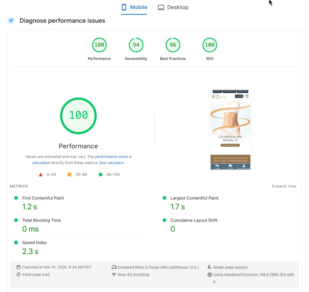 Example of a fast loading med spa website. It is extremely important that on mobile devices, your website should load in less than 4 seconds.  You can check your website speed on https://pagespeed.web.dev/  - This is Google app that gives you realistic data what your patients on mobile devices are experiencing in the last 90 days. For example the following Medical Spa website created by PatientGain's PLATINUM+ service loads in 2.0 seconds (Average of 1.7 seconds + 2.3 seconds) . This not only increases patient experience, but also improves conversions and based on Google mobile first SEO rankings, it results in higher SEO rankings.