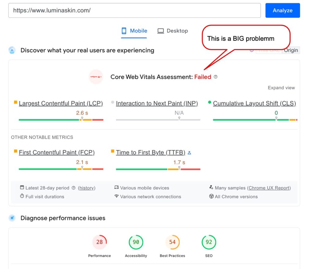 Example of a slow loading med spa website.  For example the following Medical Spa website is a very nice looking website. However, they are losing customers EVERY DAY. Based on data from Google, the mobile site loads in 17 seconds (Average of 12.2 seconds + 22.1 seconds) . This not only decreases patient experience, but also decreases conversions and based on Google mobile first SEO rankings, it results in lower SEO rankings. So in many cases improving your website can result in more patients per month, without spending more on Meta or Google ads. 
