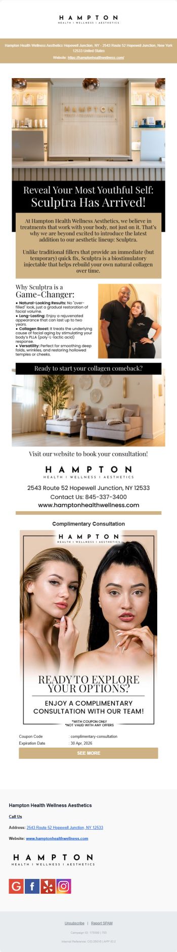 Example newsletter of a wellness practice.  For aesthetics and med spa type of practices, the newsletters are typically designed to be attractive. For medical type of practices they are designed to be more informational based. 